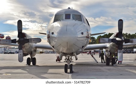 Pensacola, Florida, USA - November 11, 2016: A U.S. Navy P-3 Orion Anti-submarine Aircraft, Based On The Lockheed L-188 Electra Airframe, On The Runway At Naval Air Station Pensacola In Florida