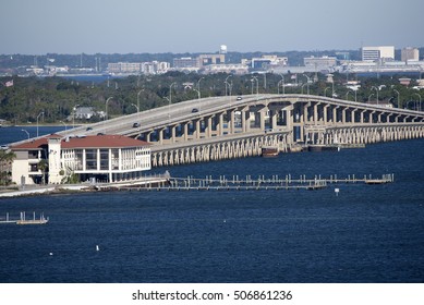 Pensacola Florida USA - October 2016 - Sikes Bridge Which Links Gulf Breeze To Pensacola Beach And Santa Rosa Island Seen Looking North. It Is A Toll Bridge