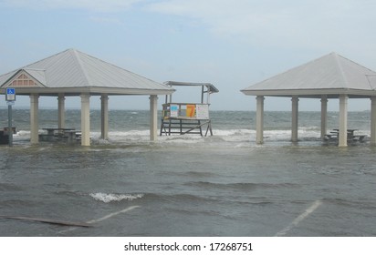 PENSACOLA - SEPTEMBER 11:  Waves caused by Hurricane Ike move over a life guard station along the Pensacola Bay area September 11, 2008 in Pensacola, FL. Ike is currently at Category Two.