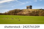 Penshaw Monument and Canada Geese. Penshaw Monument is a smaller copy of the Greek Temple of Hephaestus in Athens. Erected in 1844 the folly stands 20 metres high and dominates the skyline of Wearside