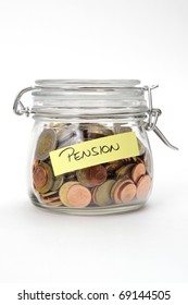 Pension, Euro Coins In A Glass Jar On White Background