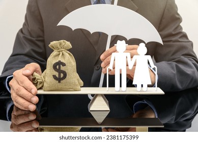 Pension insurance for retirees and social security tax, financial concept : Senior or elder retired couple stands on a seesaw or a balance scale with a US dollar bag, under a protection from insurer. - Powered by Shutterstock