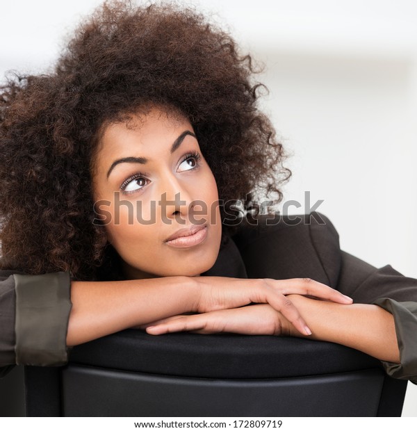 Pensive African American Businesswoman Curly Afro Stock Photo