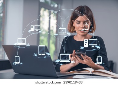 Pensive attractive beautiful businesswoman in formal wear working on laptop, talking phone in the office. Concept of network connection information technology. - Powered by Shutterstock