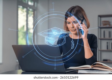 Pensive attractive beautiful businesswoman in studying on laptop at university library in background. Using phone text talk. Concept of distant business education, internet surfing, technology.