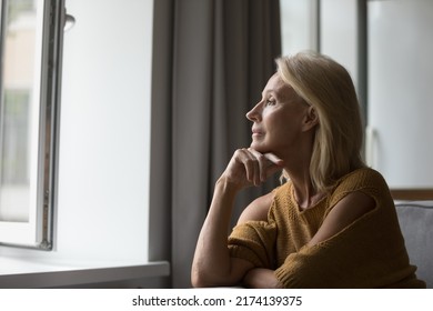 Pensive Attractive Middle-aged Female Resting On Sofa At Home Looking Out Window Having Nostalgic Mood, Recollect, Deep In Thoughts, Missing Grown Up Children Feeling Loneliness. Retirement Concept