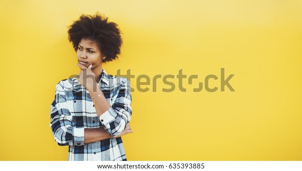 Pensive Beautiful Black Teenage Girl Checkered Stock Photo Edit