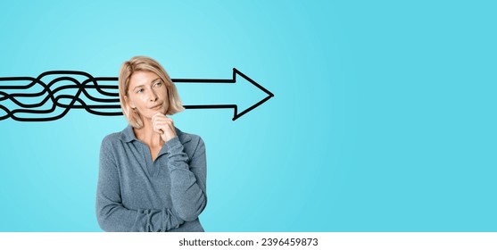 Pensive beautiful blonde woman with hand on chin, doodle sketch of chaotic lines making an arrow. Concept of plan, strategy, structure, mess and problem solving