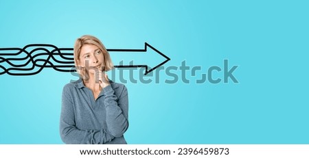 Pensive beautiful blonde woman with hand on chin, doodle sketch of chaotic lines making an arrow. Concept of plan, strategy, structure, mess and problem solving