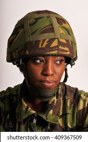 Pensive Black Female British Soldier