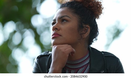 Pensive Black Woman Thinking About Life Outside. Contemplative Thoughtful Person