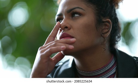 Pensive Black Woman Thinking About Life Outside. Contemplative Thoughtful Person