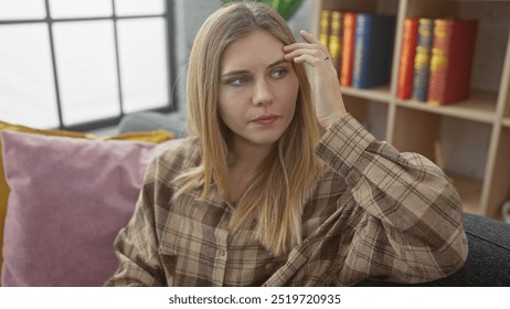 Pensive blonde woman in plaid shirt sitting in modern living room, contemplation, comfort, sofa, cushions, reflection, worry, casual, adult, female, - Powered by Shutterstock