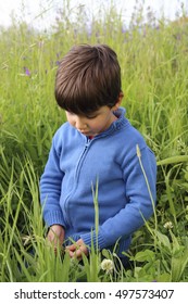 pensive boy looking down in a field