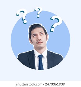 Pensive businessman in a suit looking upward, surrounded by illustrated question marks on a light background, depicting decision making, uncertainty, and problemsolving in a corporate setting - Powered by Shutterstock