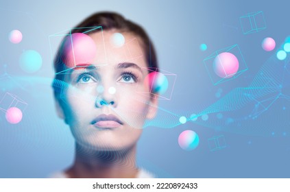 Pensive businesswoman portrait, looking up. Double exposure with digital spheres and blocks floating in metaverse. Concept of futuristic technology and virtual reality