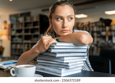 A pensive Caucasian female student rests her chin on a stack of books, surrounded by shelves filled with literature, conveying contemplation in a quiet library setting. - Powered by Shutterstock