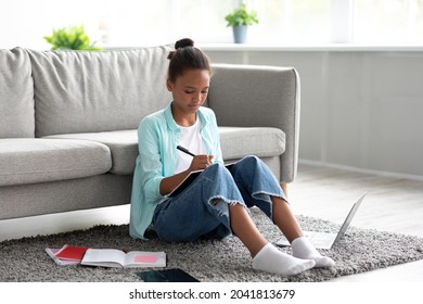 Pensive Concentrated Teenager Afro American Girl Student Study At Home With Laptop, Prepare For Test And Exam, Doing Homework. Domestic Comfort, Modern Education, Knowledge And Remote Lesson, Covid-19