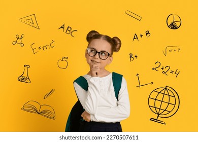 Pensive Cute Schoolgirl Standing Over Yellow Background With Drawn Educational Icons, Thoughtful Female Child In Eyeglasses Touching Chin And Looking Away, Thinking About Homework, Creative Collage
