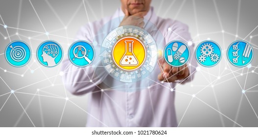 Pensive Doctor Of Chemical Engineering Aided By AI Pondering How To Identify A Substance With Desirable Therapeutic Effect. Concept For Drug Discovery, Formulation And Development, Biological Target.