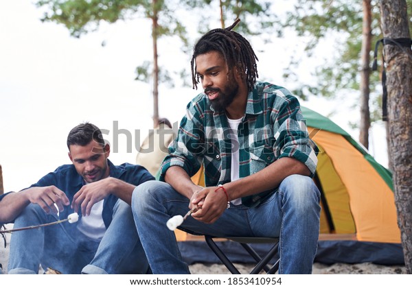 Pensive guy enjoying\
outdoor recreation while roasted marshmallows over the fire with\
his friends. Stock\
photo