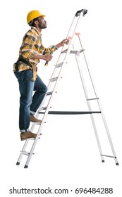 Pensive Handsome Construction Worker On Ladder Isolated On White