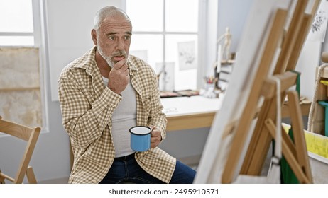 Pensive man with grey beard holding mug in art studio - Powered by Shutterstock