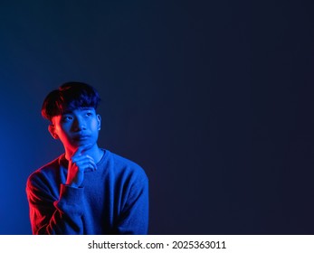 Pensive Man Neon Light People Blue Advertising