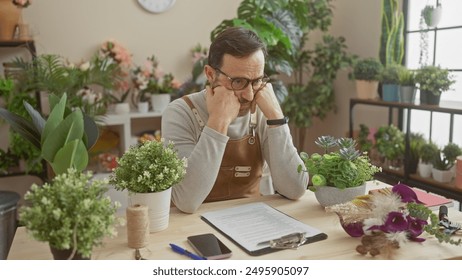 A pensive man, wearing glasses, contemplates at a table surrounded by plants and flowers in a brightly lit flower shop. - Powered by Shutterstock