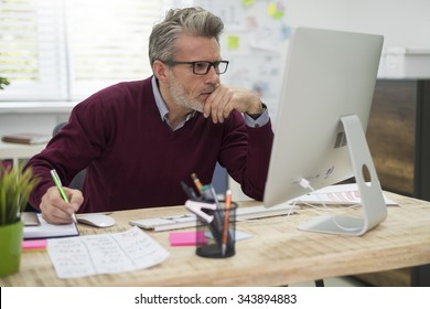 Pensive Man Working Hard On Computer