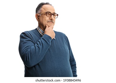 Pensive Mature Man Standing And Thinking Isolated On White Background