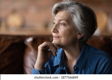 Pensive Mature Old 70s Woman Touching Chin, Recollecting Good Memories Alone At Home. Pleasant Middle Aged Senior Granny Lost In Thoughts, Dreaming Or Meditating, Enjoying Peaceful Moment Indoors.