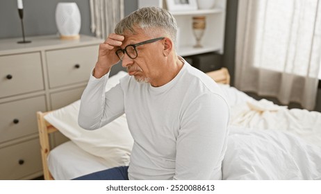 A pensive, middle-aged man in glasses sits on the bed in a modern bedroom, contemplating. - Powered by Shutterstock