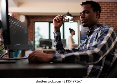 Pensive Network Engineer Reflecting At Failed Data Processing Operation And Security System Unknown Breach. Thoughtful Software Developer Thinking Of Ways To Upgrade Encryption Program.