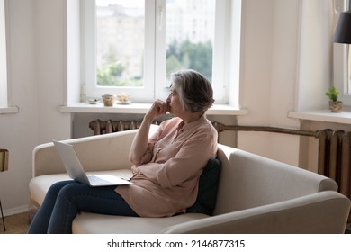 Pensive older woman sits on couch with laptop thinks, staring out window, looks thoughtful or concerned distracted from tech usage, experiences difficulties with modern device, search solution concept