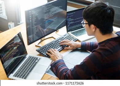 Pensive programmer working on on desktop pc programming code technologies or website design at office Software Development Company. 