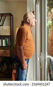 Pensive Senior Man With Long Hair Looking At Backyard Through Glass Entrance Door