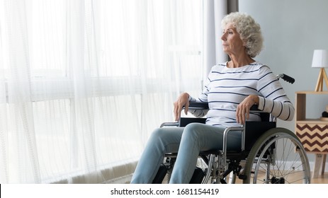 Pensive Sick Disabled Old Lady Sit In Wheelchair Look In Distance Feel Lonely At Home Or Retirement House, Thoughtful Sad Handicapped Mature Woman In Wheel Chair Thinking, Elderly Disability Concept