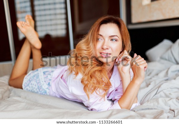 Pensive Woman Amazing Ginger Wavy Hairstyle Stock Photo Edit Now