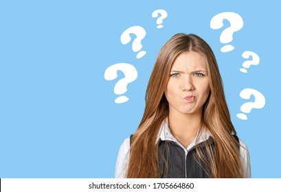 Pensive Woman And Question Mark Icons