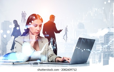 Pensive woman working with laptop, silhouettes of business team, New York skyscrapers. Stock market changes, lines and candlesticks. Concept of financial analysis and risk management