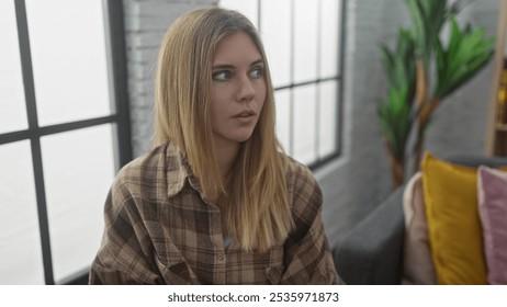 Pensive young blonde woman in casual plaid shirt sitting indoors at home on a sofa with a plant in background. - Powered by Shutterstock