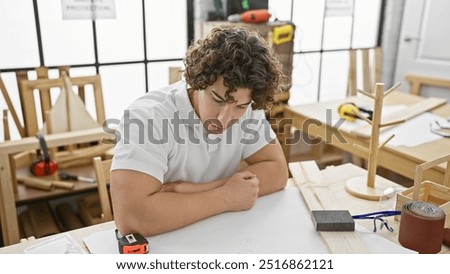 A pensive young hispanic man leaning on a carpentry studio workbench, surrounded by woodworking tools and projects.