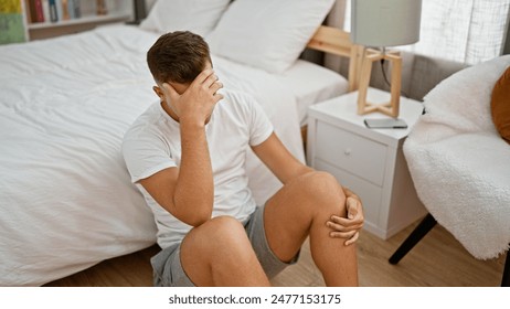 A pensive young man sits on the edge of a bed in a modern bedroom interior, expressing contemplation. - Powered by Shutterstock