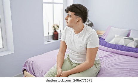 Pensive young man sitting on a bed in a bright, modern bedroom, looking away thoughtfully. - Powered by Shutterstock