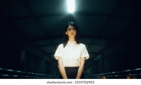 Pensive Young Woman Standing Under Dramatic Lighting in Dimly Lit Corridor - Mysterious and Moody Atmosphere. - Powered by Shutterstock