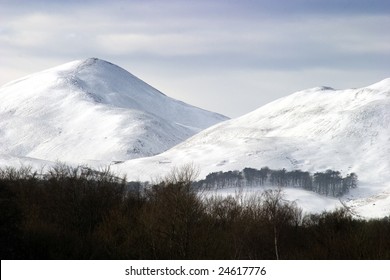 Pentland Hills In Southern Scotland, Covered In A Late Winter Snow.