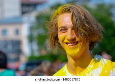 Penza. Russia. 06. 08. 2019. young man sprinkled with multi-colored powder at the Festival of colors. - Shutterstock ID 1485057875