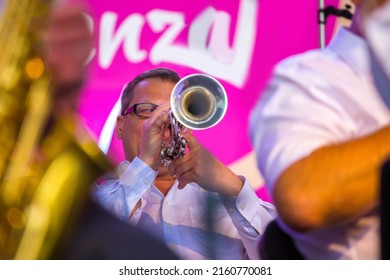 Penza .Russia- 06.21. 2021: Musicians of the jazz group playing wind instruments on the stage of the Jazz May music festival in the city of Penza - Shutterstock ID 2160770081