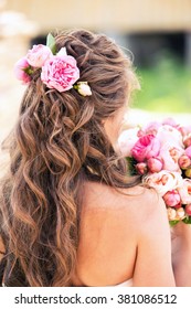 Peonies In Hair Of The Bride Of Pink Color